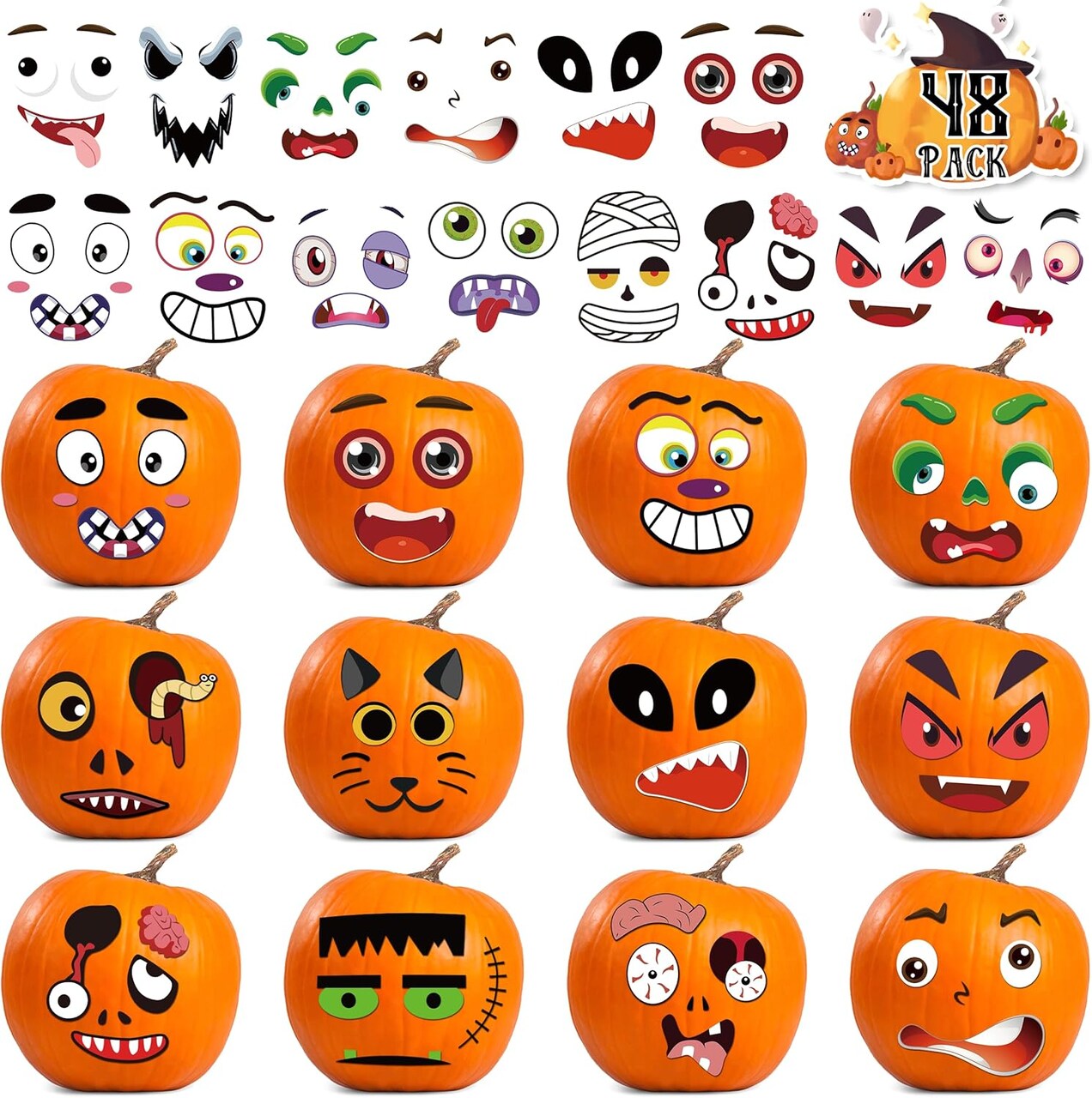 96 Pack Halloween Pumpkin Decorating Stickers - Small Pumpkin Face Stickers Halloween Stickers for Halloween Gifts and Kids Halloween Party Favors, Funny Make DIY Craft Halloween Children Kids Sticker